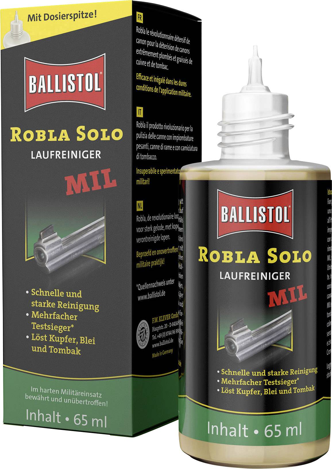 Fľaša 'Robla Solo MIL čistič hlavní 65 ml' vedľa čierneho obalu. Odstraňuje meď, olovo a tombak. S dávkovacou špičkou.