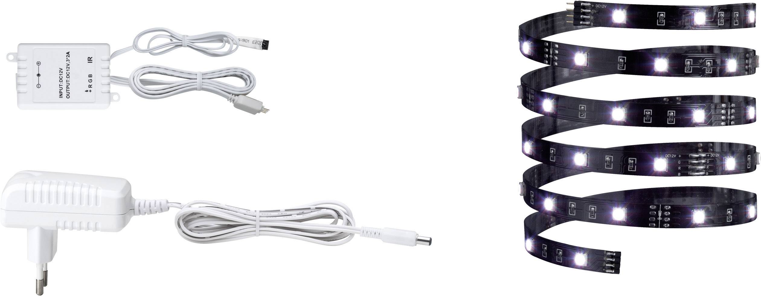 LED pásik so sieťovým adaptérom, USB káblom a ovládačom na pripojenie.