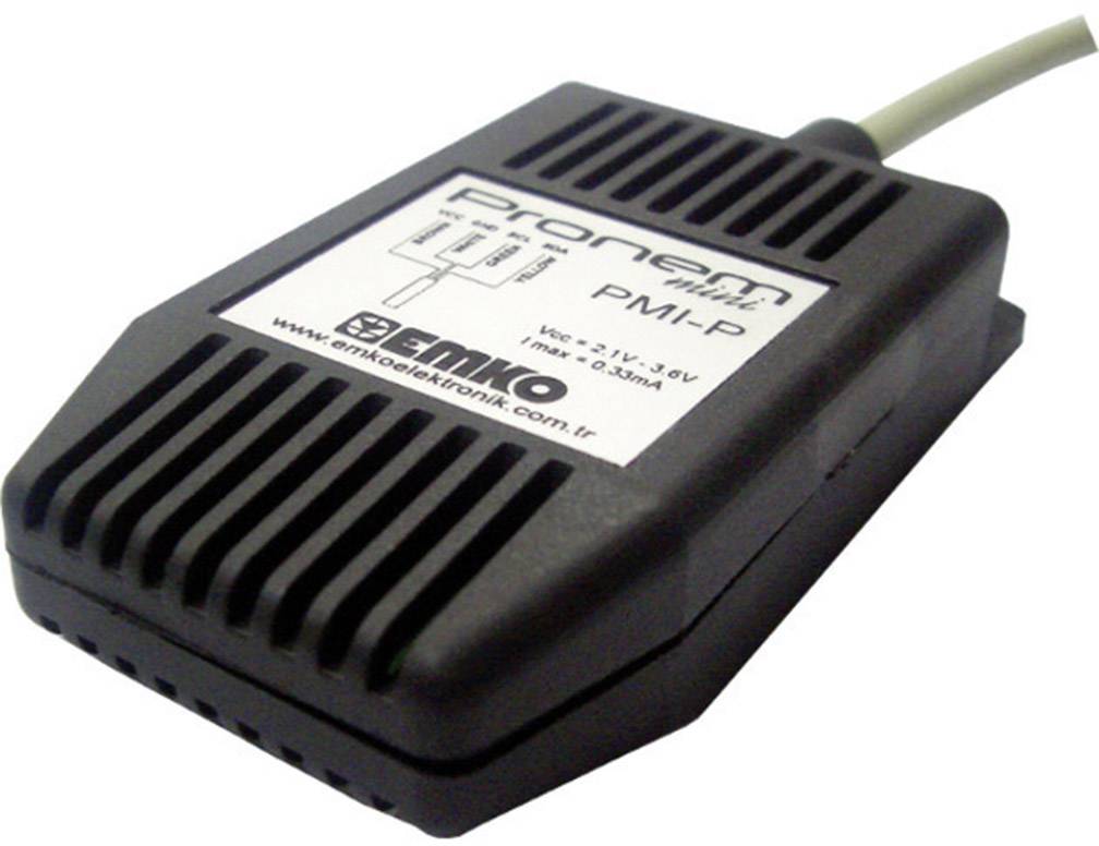 Čierne elektronické zariadenie s káblom, značka 'Pronem'. Popis uvádza 'PMI-P' a napätie 2,1V-3,6V. Výrobca: Emko Elektronik.