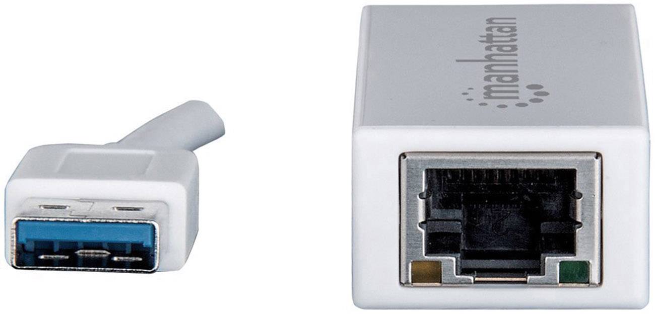 USB-Ethernet adaptér: Vľavo USB konektor, vpravo ethernetová zásuvka. Riešenie prepojenia pre zariadenia bez ethernetového portu.