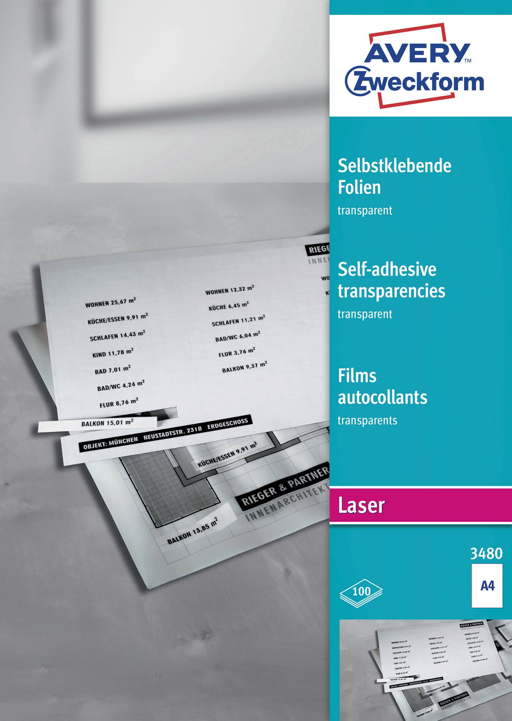 Samolepiace priehľadné fólie značky Avery Zweckform, vhodné pre laserové tlačiarne, formát A4, 100 kusov v balení.