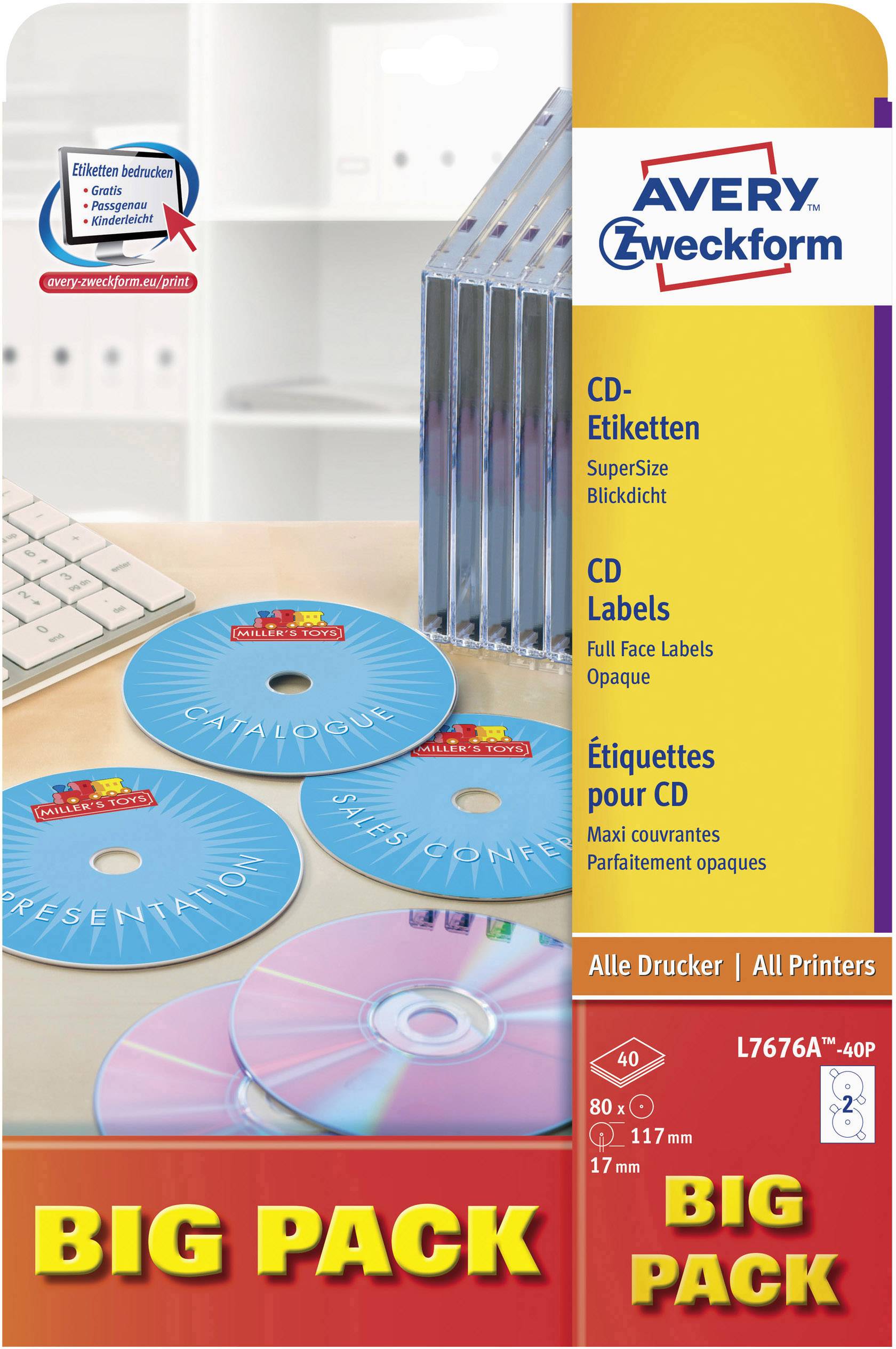 Balenie etikiet na CD od Avery Zweckform. Obsahuje 80 nepriehľadných plnoformátových etikiet, kompatibilných so všetkými tlačiarňami.
