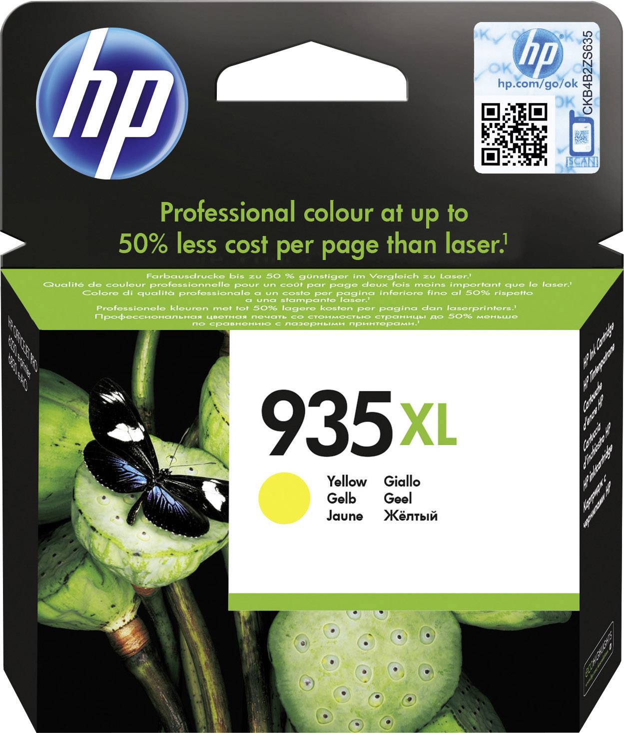 Atramentová kazeta HP 935XL, Žltá, profesionálna farba až o 50 % lacnejšia na stranu ako laserová, s obrázkom motýľa na listoch.