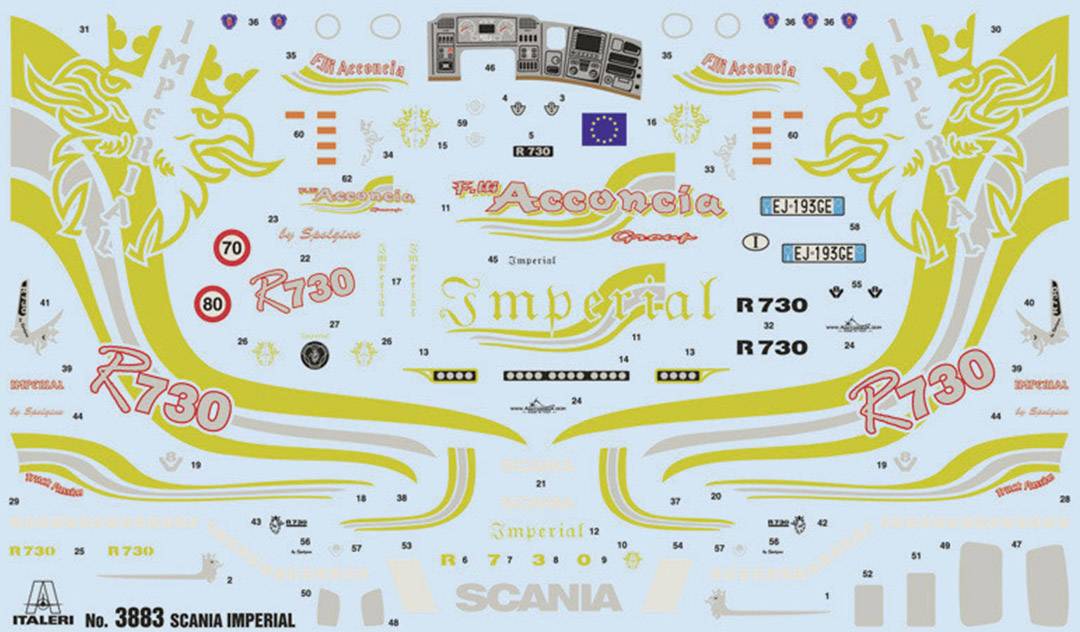 Nálepkový hárok pre model Scania Imperia: Rôznofarebné nálepky s číslami, logami a dekoráciami pre individualizáciu.