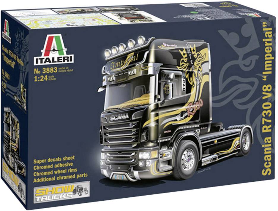 Italeri model stavebnica: Scania R730 V8 Imperial. Mierka 1:24. Obsahuje: Super nálepky, pochromované samolepky, disky kolies a dodatočné chrómované diely.