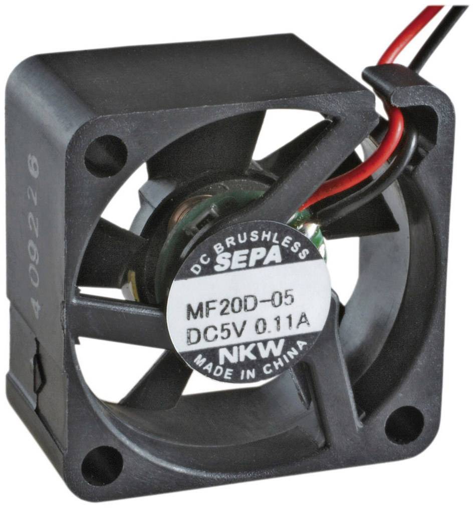 Malý čierny jednosmerný ventilátor s modelovým číslom 'MF20D-05' a špecifikáciami 'DC5V 0.11A'.