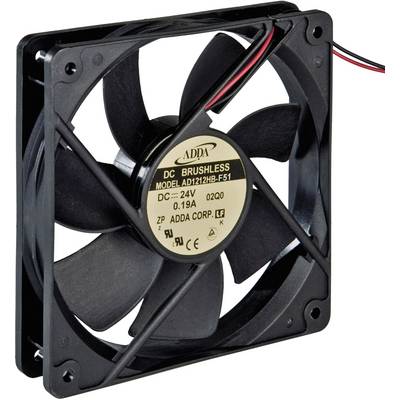 Čierny DC ventilátor od ADDA s modelovým číslom AD1212HB-F51, napätie 24V, prúd 0,19A. Má pripájací kábel a viaclistové obežné koleso.