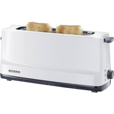 Biely hriankovač s dvoma mierne opečenými toastami, na boku má otočný gombík na nastavenie stupňa opečenia.