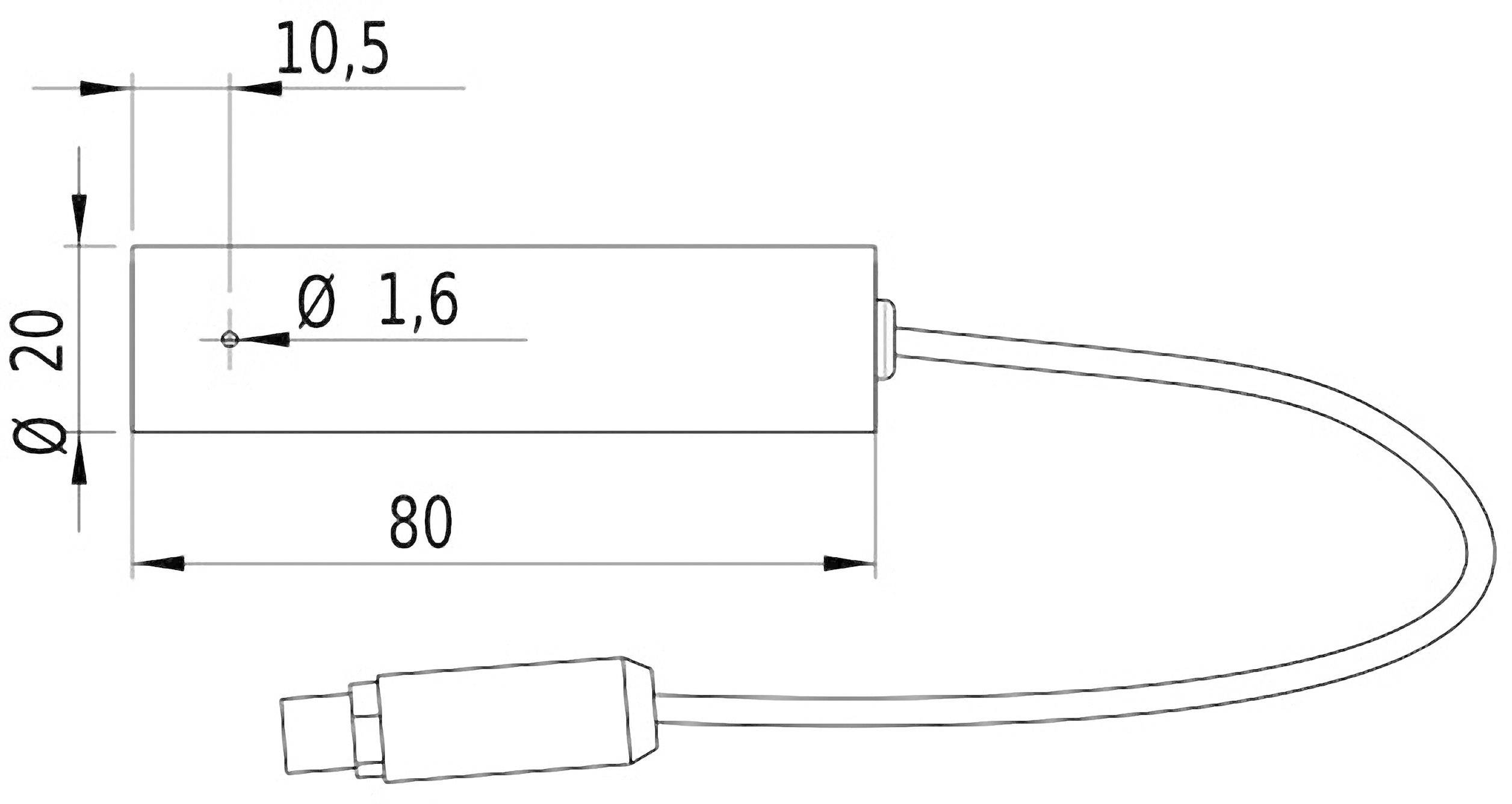 Technický výkres valcového objektu s rozmermi: dĺžka 80 mm, priemer 20 mm, kábel so zástrčkou.