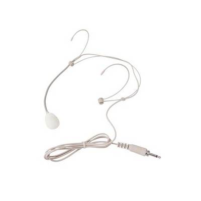 Béžová náhlavná súprava s mikrofónom, tenkou konzolou, háčikmi na uši a 3,5 mm jack konektorom.