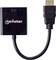 Čierny HDMI na VGA adaptér od spoločnosti Manhattan s krátkym káblom a príslušnými konektormi na oboch koncoch.