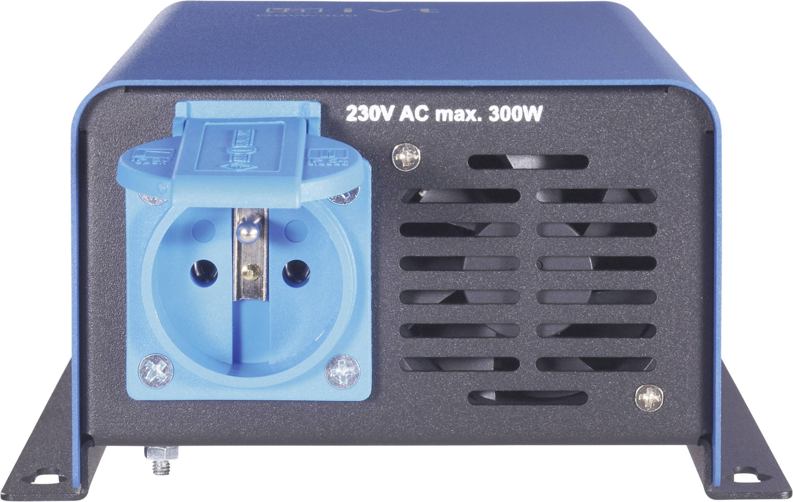 Modrý 230V AC menič s maximálnym výkonom 300W. Zobrazuje elektrickú zásuvku a vetracie otvory na prednej strane.