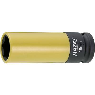 Toto je zlatá Hazet 19mm nástrčná hlavica. Má čiernu základňu s nápisom 'HAZET 19mm'.