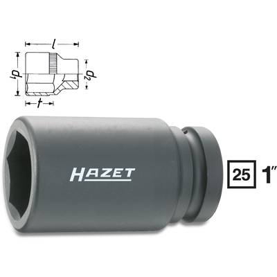 Nástrčkový kľúč Hazet, 25 mm, s 1-palcovým pohonom, s technickým náčrtkom v ľavom hornom rohu a logom Hazet na boku.