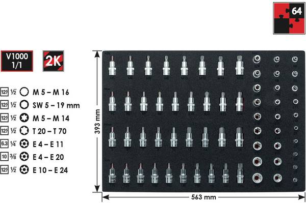 Vigor  súprava nástrčných kľúčov a bitov, metrický, 1/2" (12.5 mm), 1/4" (6,3 mm), 3/8" (10 mm), 64-dielna, V2837
