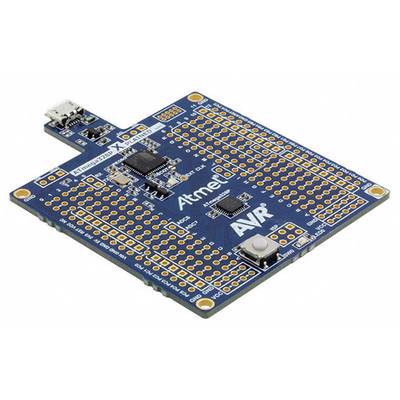 Mikroprocesorová vývojová doska s modrou doskou plošných spojov, USB portom a programovateľným mikročipom, označená ako 'Atmel AVR'.