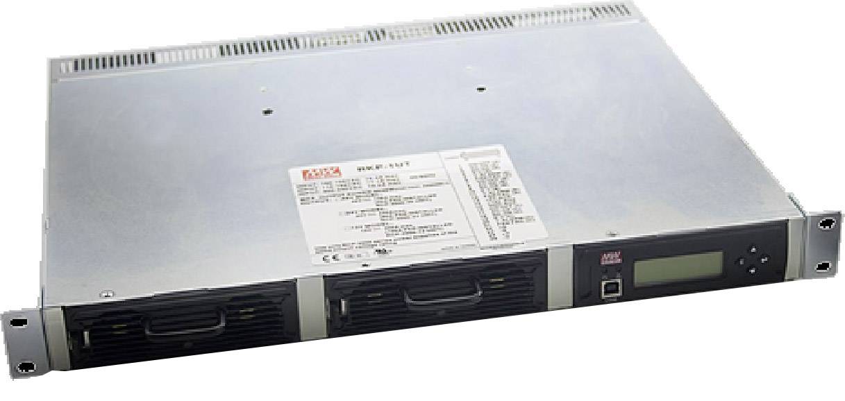 Strieborný rackmount zdroj napájania s dvoma ventilátormi a malým displejom vpredu. Vhodný pre servery alebo IT aplikácie.
