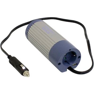 Prenosný menič napätia s modro-šedým krytom, pripojený k adaptérovému káblu do auta.
