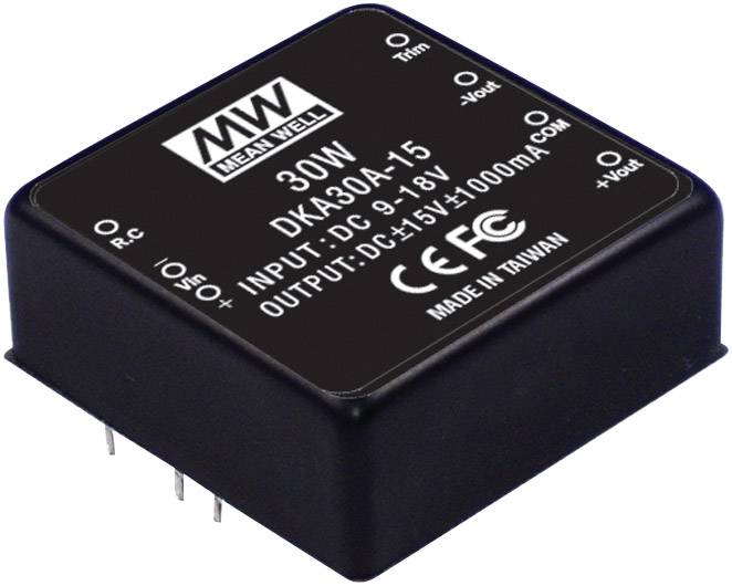 'Mean Well DKA30A-15 menič napätia, 30W, vstup: 9-18V DC, výstup: ±15V ±1000mA, vyrobené na Taiwane.'