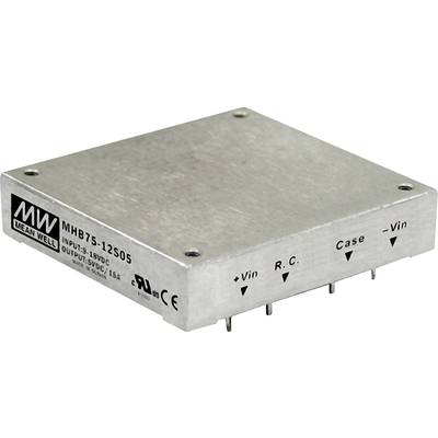 Kompaktné kovové púzdro elektronickej súčiastky s viacerými konektormi. Púzdro je označené štítkom 'Mean Well MHB75-12S05'.