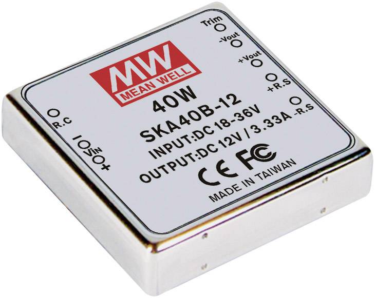 Elektronická súčiastka od MEAN WELL, 40W, model SKA40B-12. Vstup: DC 18-36V, výstup: DC 12V/3,33A. Vyrobené na Taiwane. Certifikované CE a FCC.