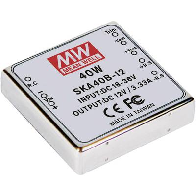 Elektronická súčiastka od MEAN WELL, 40W, model SKA40B-12. Vstup: DC 18-36V, výstup: DC 12V/3,33A. Vyrobené na Taiwane. Certifikované CE a FCC.