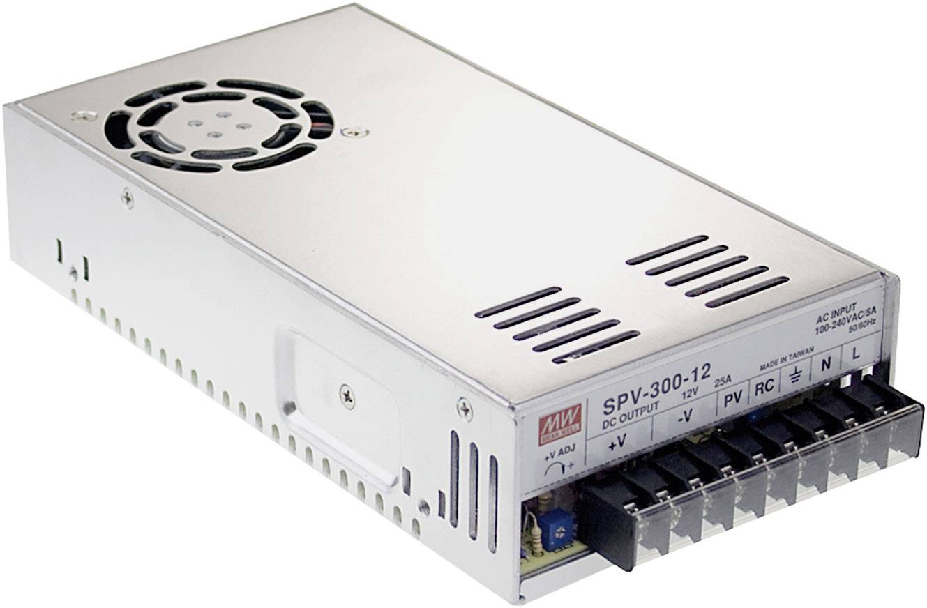 Napájacia jednotka SPV-300-12, kovový kryt s ventilátorom, pripájacie svorky a štítok so špecifikáciami na boku.