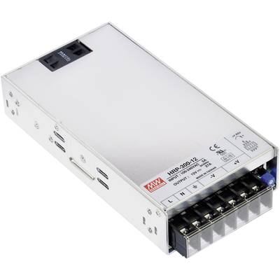 Napájací zdroj Mean Well HRP-300-12, striebornej farby, pre 12V, s výstupným výkonom 300W. Obdĺžnikový tvar s viacerými pripájacími svorkami.