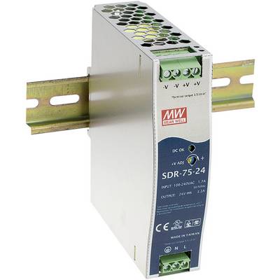 Mean Well napájací zdroj SDR-75-24, namontovaný na DIN lište. Vstup 100-240VAC, výstup 24V 3,2A. Vhodný pre priemyselné aplikácie.