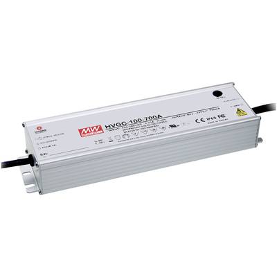 Strieborný, obdĺžnikový napájací zdroj osvetľovacieho zariadenia s označením 'HVGC-100-700A' a niekoľkými technickými symbolmi.