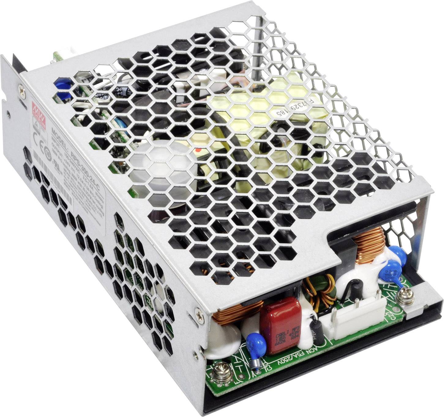 Napájací zdroj v kryte s mriežkovou štruktúrou. Viditeľné elektronické komponenty a obvod na spodnej strane.