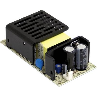Obrázok zobrazuje elektronický napájací zdroj s viditelnými komponentmi, ako sú kondenzátory a žltá cievka na doske plošných spojov.