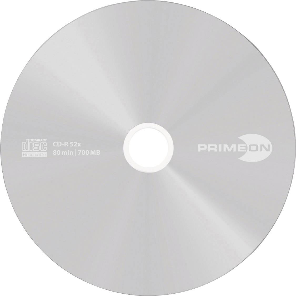 Strieborný CD-R disk od výrobcu Primeon s potlačou 'Compact Disc Recordable', '80 min', '700 MB' a '52x rýchlosť'.