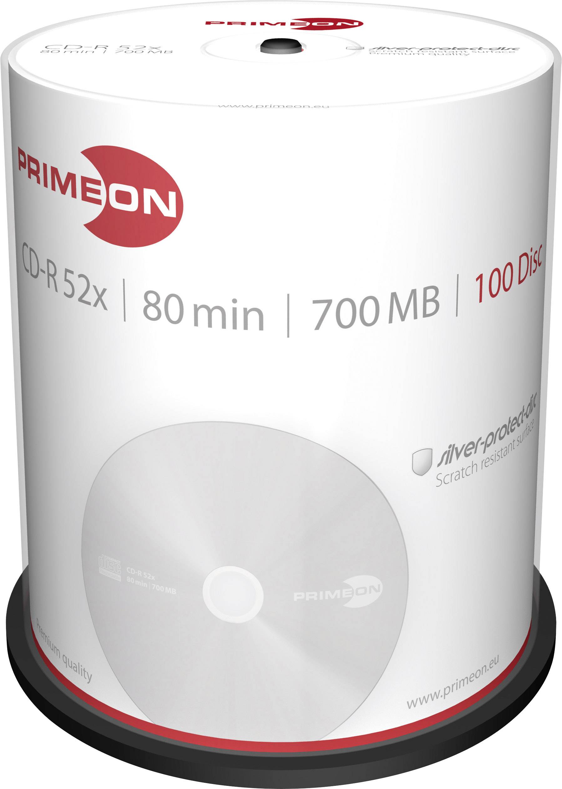 Balenie 100 ks PRIMEON CD-R, rýchlosť 52x, 80 minút, kapacita 700 MB, s ochrannou vrstvou proti poškriabaniu.