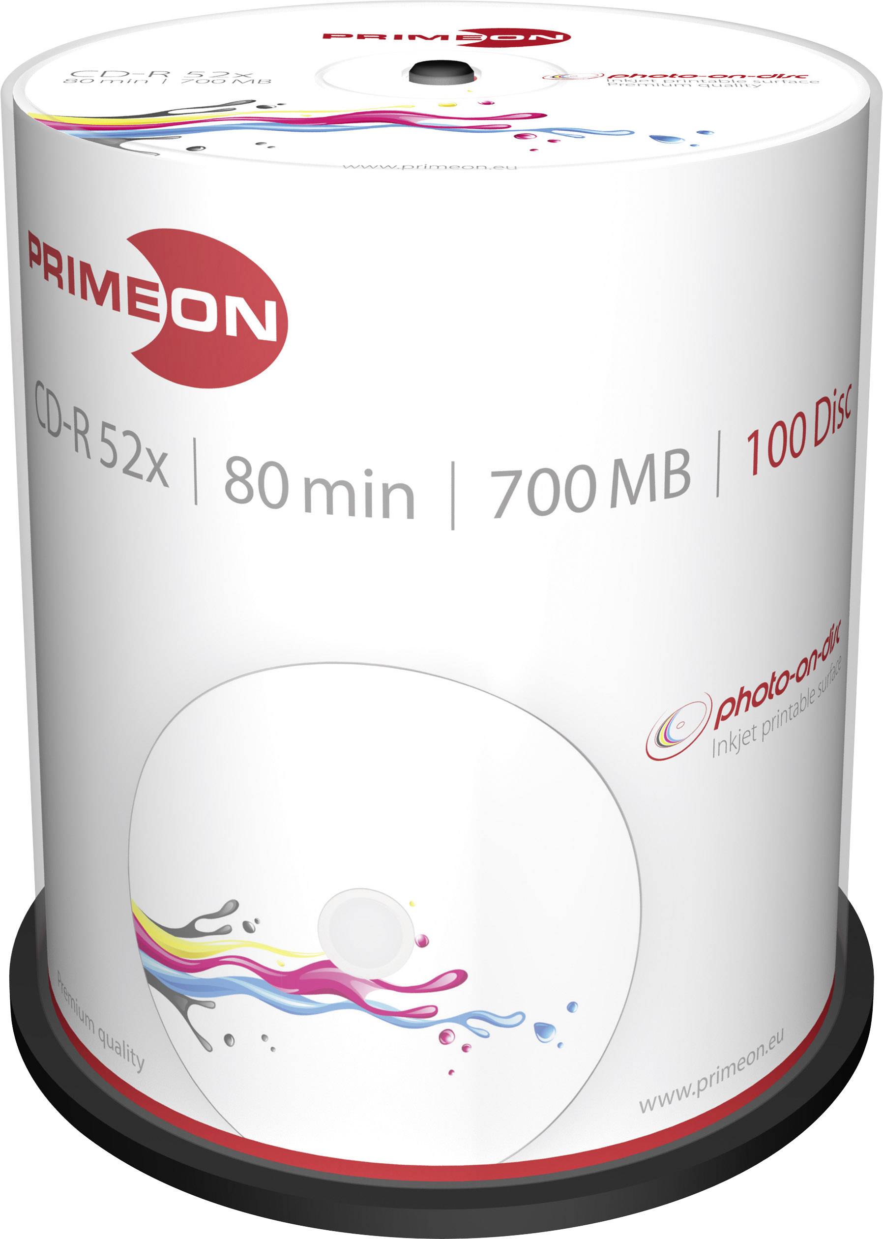 CD-R 52x vreteno so 100 diskami, kapacita 700 MB na disk, doba prehrávania 80 minút, vhodné pre tlač atramentovou tlačiarňou.
