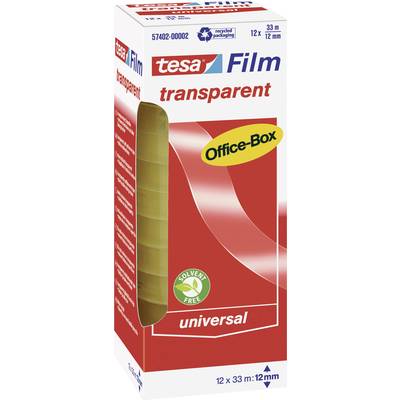 Balenie priehľadnej lepiacej pásky Tesa, 12 roliek po 33 m x 12 mm. Text 'universal', 'Office-Box', 'bez obsahu rozpúšťadiel', symbol recyklácie.