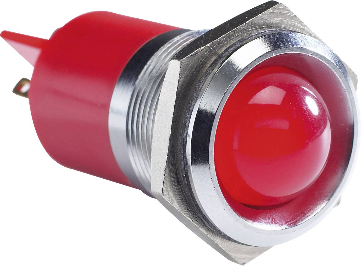 Veľký červený gombík s kovovým rámčekom. Gombík je vypuklý a lesklý. Skrutkový spoj a elektrické kontakty sú viditeľné.