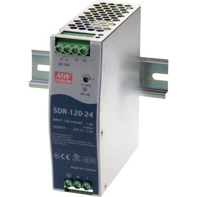 SDR-120-24 spínaný napájací zdroj od Mean Well, upevnený na DIN lište. Vstup: 100-240VAC; Výstup: 24VDC, 5A.