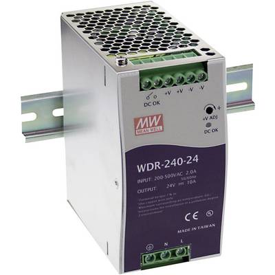 Priemyselný sieťový zdroj od Mean Well, model WDR-240-24, namontovaný na DIN lište. Vstup: 200-500VAC, výstup: 24V/10A.