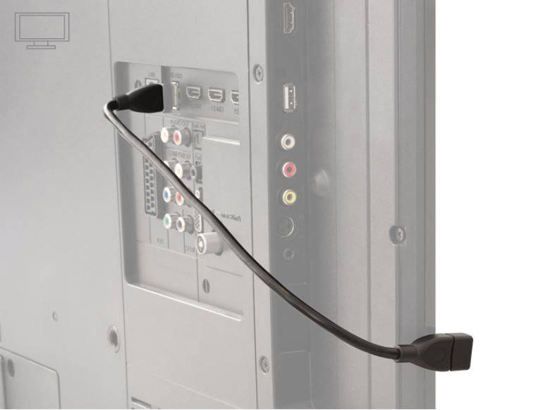 Zadná strana televízora s rôznymi konektormi vrátane HDMI, USB a AV. Jeden kábel je pripojený ku konektoru.