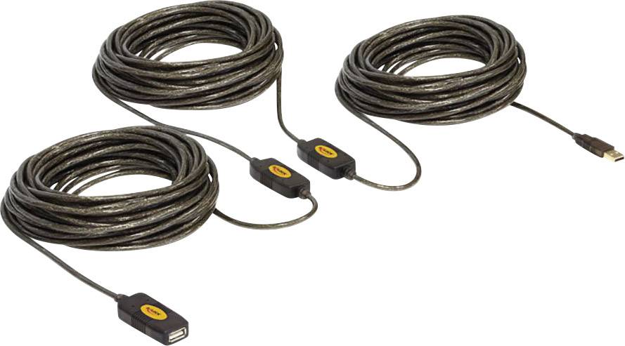 Tri dlhé USB káble s integrovanými zosilňovačmi, prepojené v sérii. Vhodné pre prenos signálov na väčšie vzdialenosti.