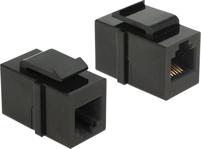 Dva čierne RJ45 adaptéry pre sieťové káble v konektorovom prevedení. Vhodné na prepojenie ethernetových káblov.
