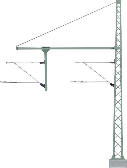 Jeden zelený stĺp elektrického vedenia pre trakčné vedenie, používaný v železničnej infraštruktúre, pred neutrálnym pozadím.