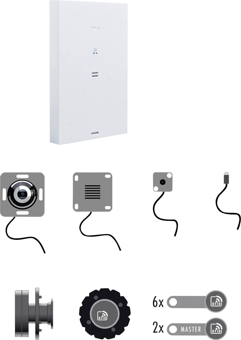 Elektronická sada zámku s hlavnou riadiacou jednotkou, kamerou, reproduktorom, mikrofónom, dvoma hlavnými čipmi a šiestimi prístupovými čipmi.