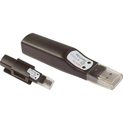 Čierny USB dátový záznamník s označením 'RECORD LOGG T ALARM', čiastočne odpojiteľný, slúži na monitorovanie teplotných údajov.