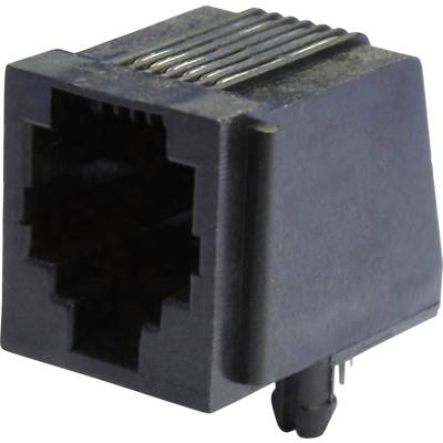 RJ45 zásuvkový konektor, bežne používaný pre ethernetové sieťové pripojenia. Čierny plastový kryt s kovovými kontaktmi.