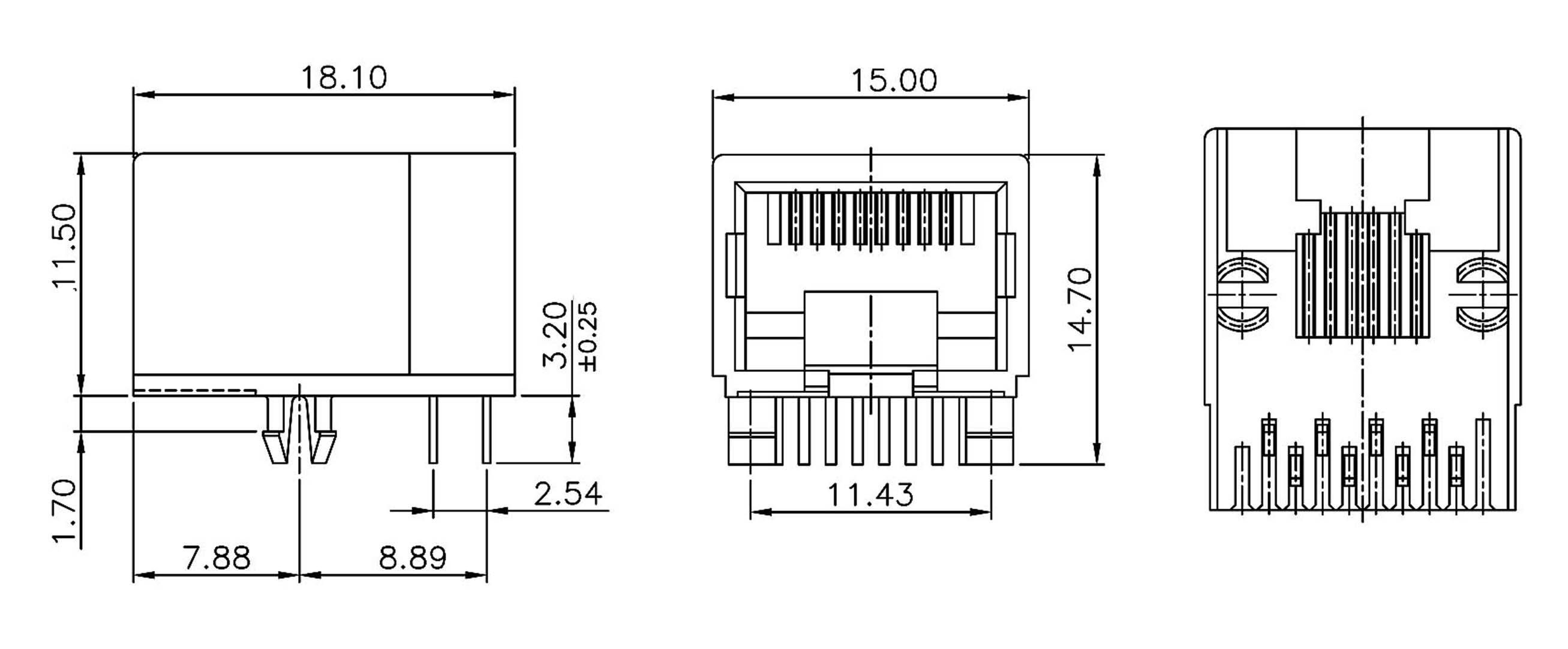 Technický výkres elektronického konektora s rozmermi. Predný, bočný a pohľad zhora zobrazujú detaily rozmerov.