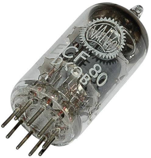 Elektrónka ECF80 s viacerými kovovými kolíkmi na spodnom konci. Často sa používa v starších elektronických zariadeniach.