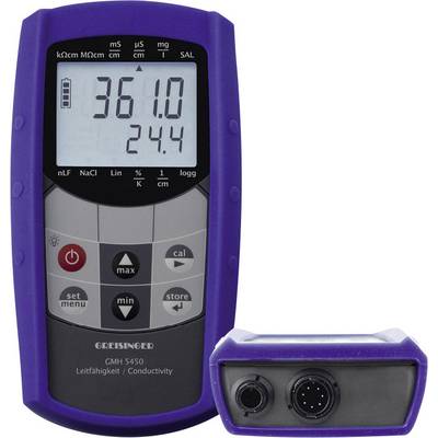 Prístroj na meranie vodivosti s modrým krytom zobrazuje meranie '361,0 µS/cm' a '24,4 °C'. Viditeľné tlačidlá pre nastavenia a funkcie.