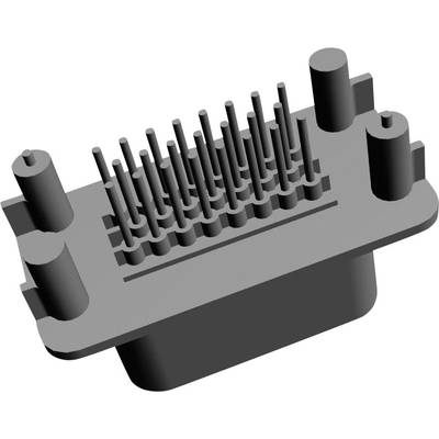 3D model elektrického konektora s viacerými kolíkmi a okrúhlymi vodiacimi kolíkmi v rohoch.
